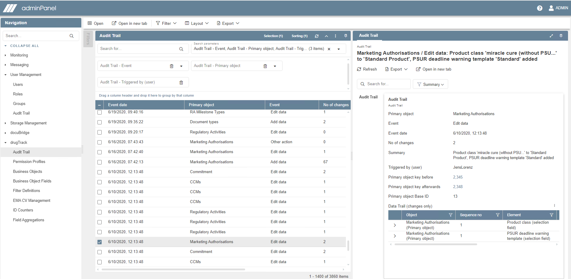 drugTrack Audit Trail